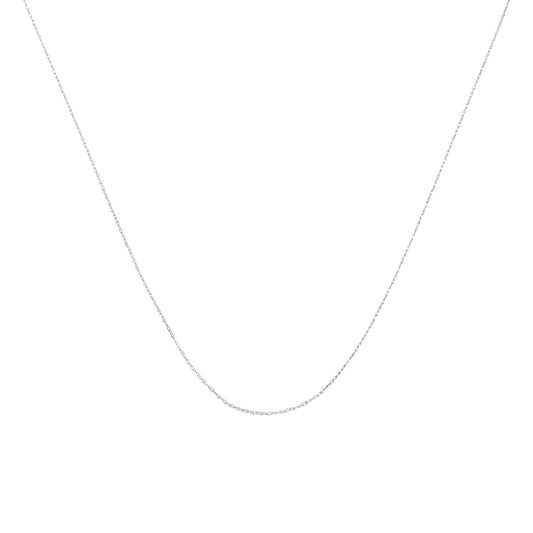 Close-up front view of a delicate white metal chain with small links on a white background.