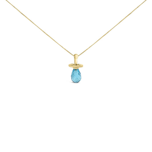 Front view of a yellow necklace with a faceted blue teardrop-shaped gemstone pendant in a drilled setting.