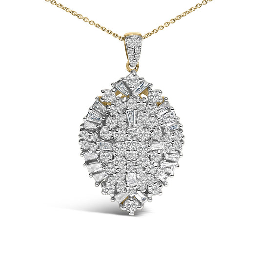 Close-up front view of a necklace pendant featuring an oval-shaped cluster of white round and baguette shaped gemstones in prong settings, hanging from a yellow metal chain.