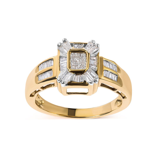 Front-facing yellow metal ring with white baguette and princess-shaped gemstones, showing channel and bezel settings, photographed on a white background.