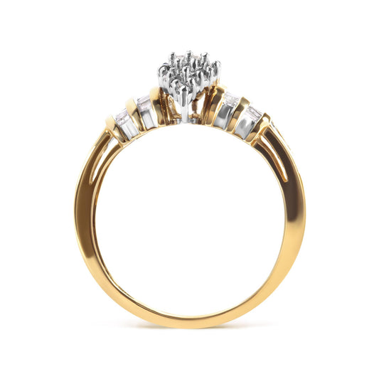 Side view of a yellow metal ring featuring round white gemstones in prong settings clustered in the center, flanked by baguette-shaped white gemstones in channel settings along the band.