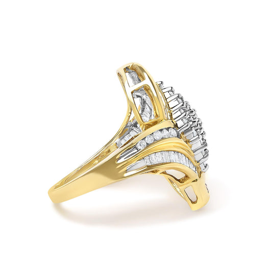 Yellow metal ring with two rows of white round gemstones in prong settings and one row of white baguette gemstones in channel settings, shown at a side angle.