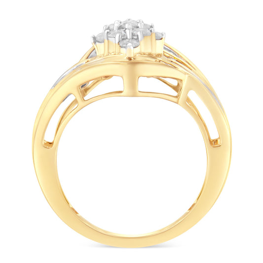 Yellow metal ring with round white gemstones in prong setting and baguette white gemstones in channel setting, shown from a side angle.