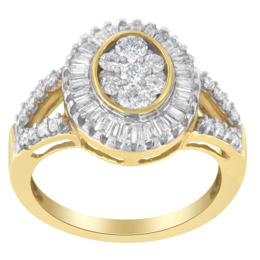 Front angle view of a yellow ring with a circular cluster of round white gemstones in the center, surrounded by a halo of baguette-shaped white gemstones, and additional round white gemstones on the split shank.