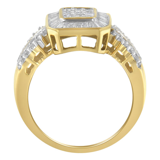 Yellow metal ring with round and baguette white gemstones set on top and along the sides, shown from a front angle.