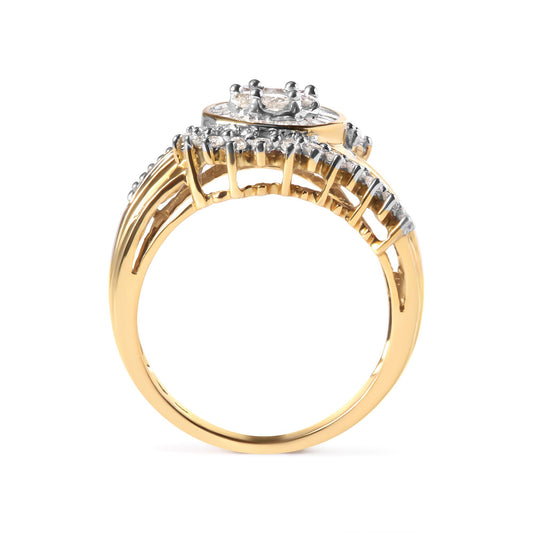 Side view of yellow ring with round white gemstones in prong settings and baguette white gemstones in channel settings.