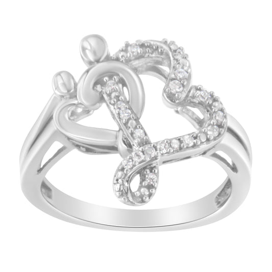 White metal ring with an intricate swirl design accented with small white gemstones, shown in a close-up front angle.