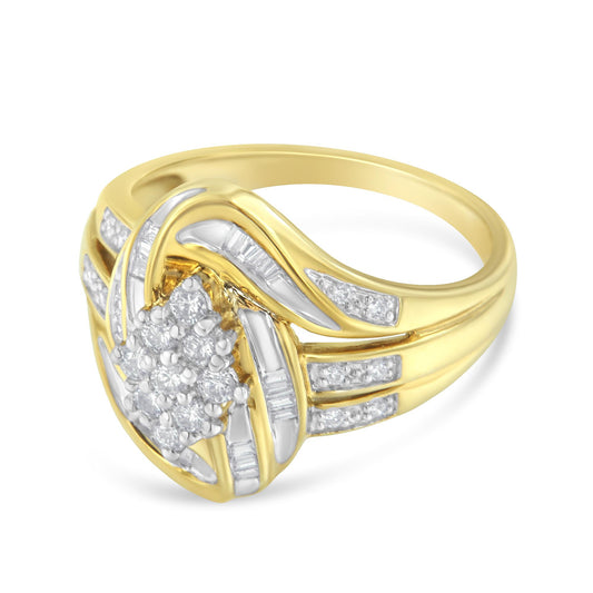Close-up angled view of a yellow metal ring featuring clusters of round white gemstones in prong settings and channel-set baguette white gemstones arranged in a swirling design.
