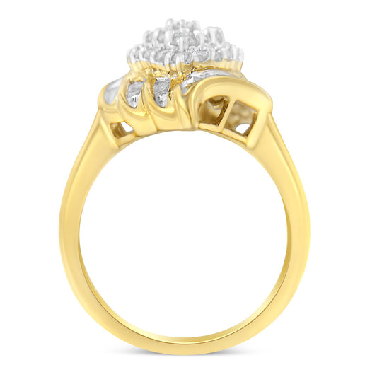 Front angle view of a yellow metal ring featuring round white gemstones in prong settings and baguette white gemstones in channel settings on the top.