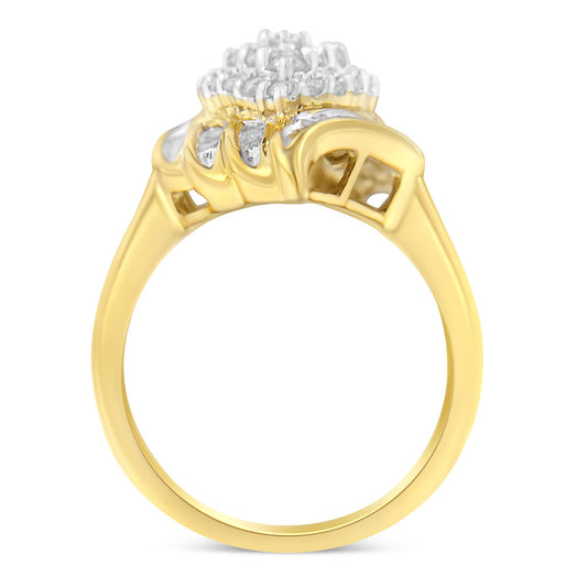 Yellow metal ring with round white gemstones in prong settings and baguette white gemstones in channel settings, shown from the side angle.