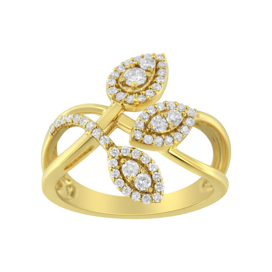 Yellow metal ring with three marquise-shaped clusters of white gemstones surrounded by smaller white gemstones, shown at a slight angle.