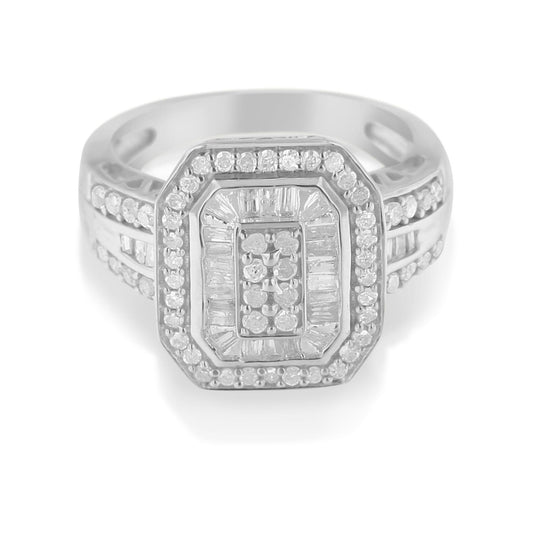 White metal ring with a rectangular cluster of round prong-set white gemstones in the center, surrounded by a border of baguette channel-set white gemstones, viewed from the front angle.