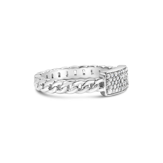 White metal ring with a braided band and a rectangular top set with multiple round white gemstones, shown from a side angle.