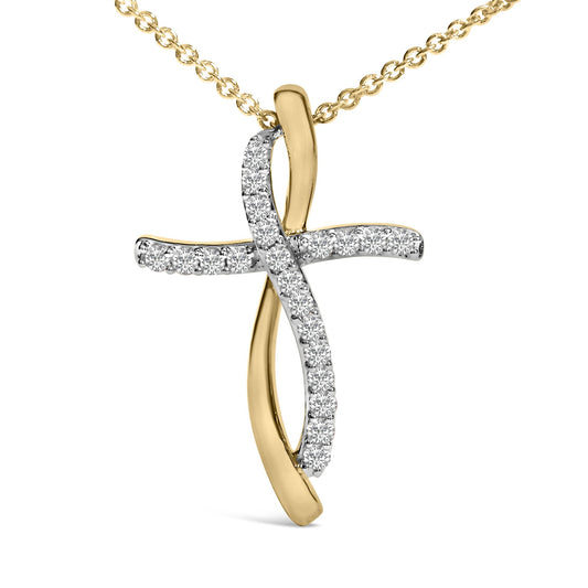 Close-up front view of a two-tone necklace pendant in a curved cross shape, featuring white round gemstones in prong settings along one curved arm and a smooth yellow metal curved arm.