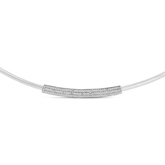 Close-up front view of a white necklace featuring a curved horizontal bar encrusted with multiple round white gemstones in a pave setting.