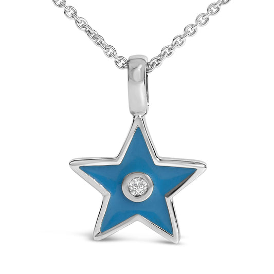 Close-up front view of a white metal star-shaped pendant necklace with blue inlay and a round white gemstone set in the center.