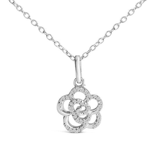 Close-up front view of a white metal necklace featuring a flower-shaped pendant outlined with round white gemstones in prong settings.