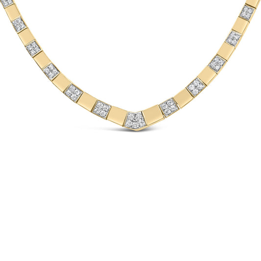 Close-up front view of a yellow necklace with alternating square links and white round gemstones set in 4-prong settings.