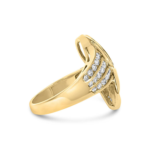 Side angled view of a yellow metal ring featuring three rows of channel-set round white gemstones and a row of channel-set baguette white gemstones near the top.