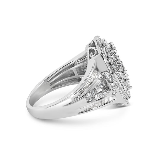 White metal ring with a wide band, shown at side angle, featuring a rectangular cluster of white round gemstones in prong settings surrounded by rows of white baguette gemstones in channel settings along the band.