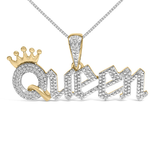 14K Yellow Gold Plated Sterling Silver 1/10 Cttw Diamond “Queen” Nameplate Pendant Necklace