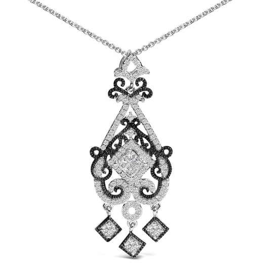 Close-up front view of a white and black metal necklace with an ornate pendant featuring a central cluster of white princess-shaped gemstones in invisible settings, surrounded by intricate scrollwork accented with small round white gemstones, and three hanging diamond-shaped charms each set with a round white gemstone.