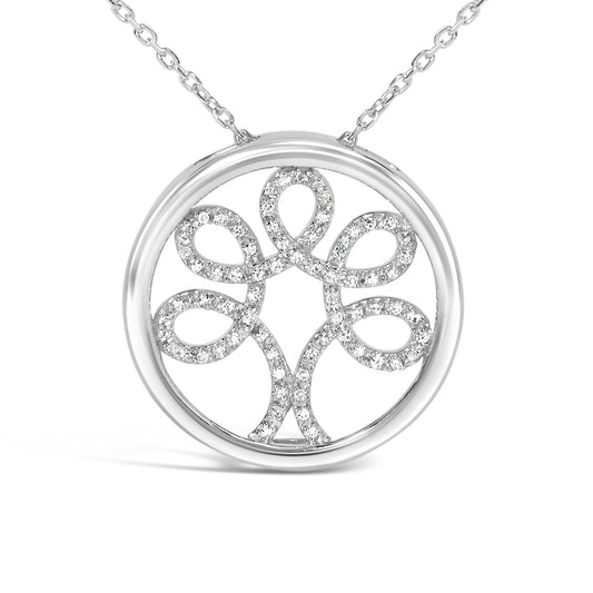 Front angle view of a white metal circular necklace pendant with an openwork floral design adorned with round white gemstones in a 4-prong setting.
