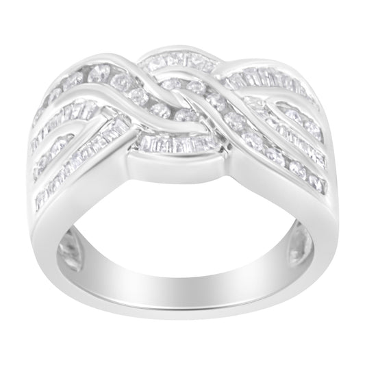 Front-facing view of a white metal ring with intertwined bands featuring channel-set round and baguette-shaped white gemstones.