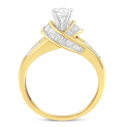 Front angle view of a yellow and white metal ring featuring a central white gemstone in prong setting, surrounded by channel-set white baguette and princess shaped gemstones crossing over the band.