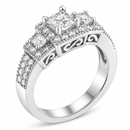 14K White Gold Round and Princess-Cut Diamond Three Stone Ring (1 Cttw, H-I Color, I1-I2 Clarity)