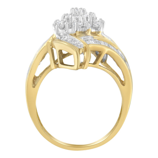 Yellow ring with white round gemstones in prong setting and white baguette gemstones in channel setting, shown from the front angle.
