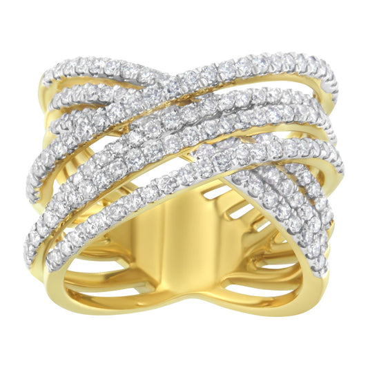 Yellow ring with overlapping bands set with round white gemstones in pave setting, shown in a front angled close-up.