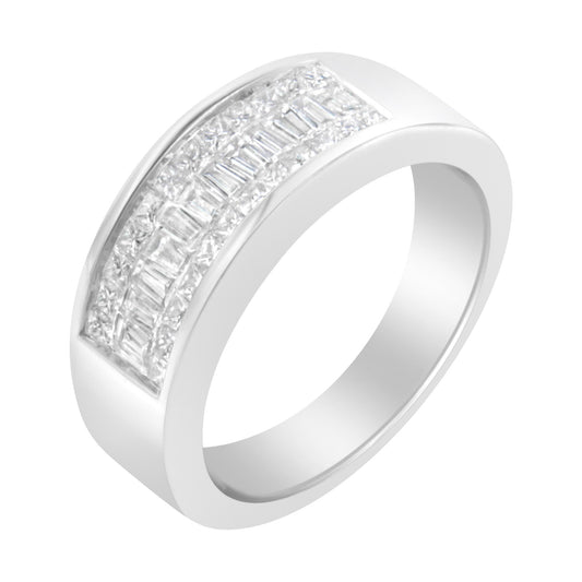 White metal ring with channel-set rows of white baguette and princess-shaped gemstones, shown at an angled top-down view.