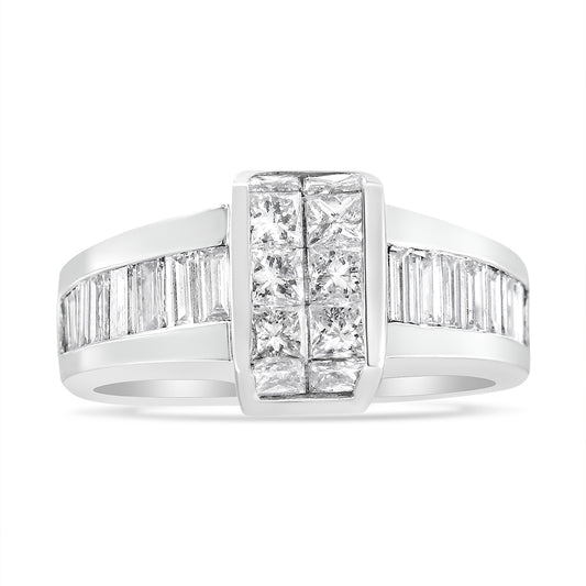 Front view of a white metal ring featuring white gemstones in baguette shape with channel setting along the band and white gemstones in princess shape with invisible setting on a raised central panel.