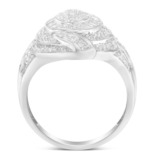 Front view of a white metal ring with round pave-set white gemstones and baguette channel-set white gemstones forming a decorative pattern.