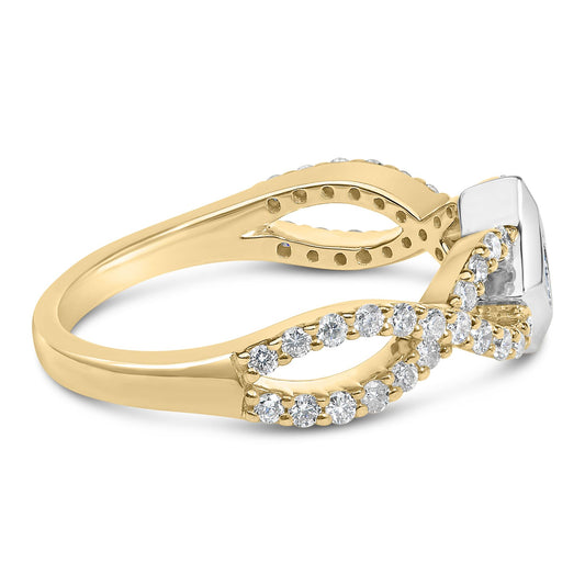 Close-up side angle of a yellow and white metal ring featuring a single princess-shaped white gemstone in a channel setting and multiple round white gemstones in prong settings forming an infinity shape.