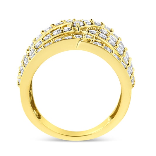Front-facing view of a yellow metal ring featuring three rows of white round prong-set gemstones across the band.