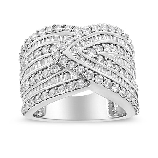 Close-up front view of a white metal ring featuring overlapping bands adorned with round prong-set white gemstones and baguette channel-set white gemstones.