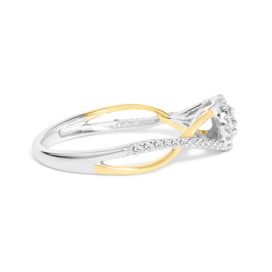 Side angle view of a two-tone ring featuring intertwined yellow and white metal bands adorned with multiple small round white gemstones in prong settings.