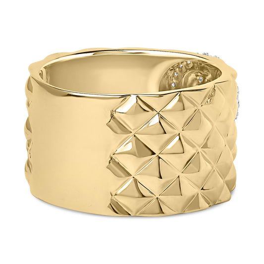Close-up angled view of a yellow ring featuring a textured geometric pattern and small white gemstones set in prongs on the side.