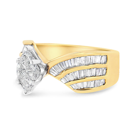 Side angled view of two-toned ring with four pie-shaped white gemstones in prong setting at the front and multiple baguette-shaped white gemstones in channel setting along the band.