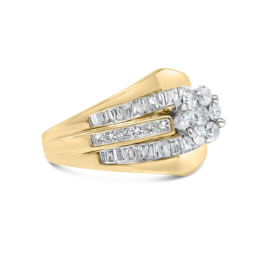 Side angle view of a yellow metal ring featuring a cluster of round white gemstones in prong settings, flanked by two rows of baguette white gemstones in channel settings and a central row of princess white gemstones in channel settings.