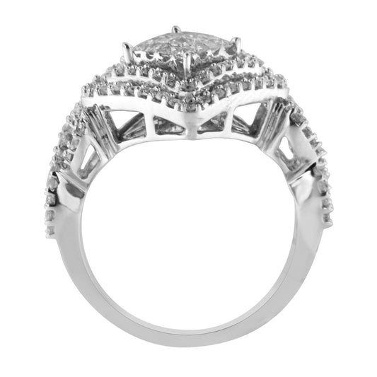 White metal ring viewed from the side, featuring a large princess-shaped white gemstone in an invisible setting, surrounded by multiple rows of smaller round white gemstones in prong settings along the band.