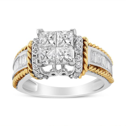 Front-facing shot of a dual-tone ring featuring a cluster of square-shaped white gemstones in the center, surrounded by round white gemstones with twisted yellow accents on the sides, and channel-set rectangular white gemstones along the white band.