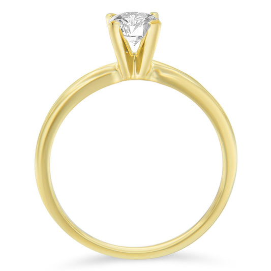 Front-facing view of a yellow metal ring with a single round white gemstone in a prong setting.