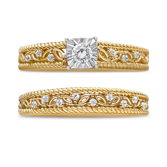 Front-facing close-up of two yellow rings, each with round white gemstones in prong settings and decorative leaf-like designs along the bands.