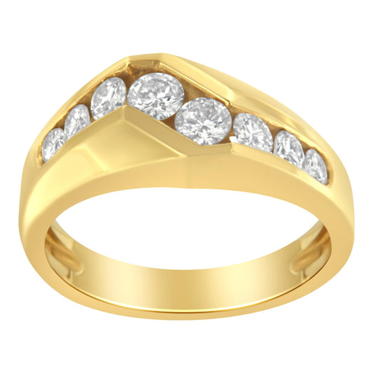 Yellow metal ring with a V-shaped design featuring multiple round white gemstones in channel settings, shown in a close-up angled view.