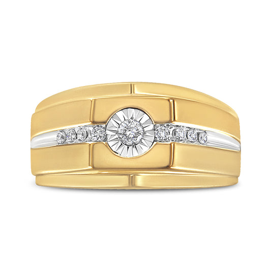 Front view of a yellow ring featuring a round white gemstone in a miracle setting at the center, flanked by smaller round white gemstones in prong settings along a white accent strip.