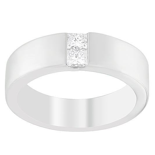 Front-facing white band ring with two princess shape white gemstones in a channel setting.