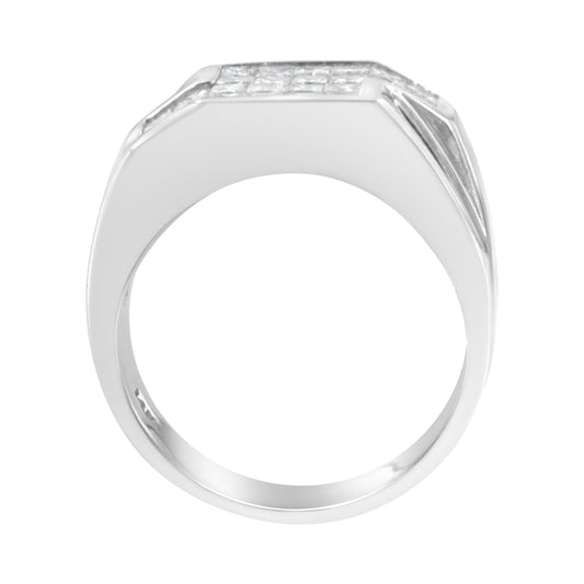 Top-front angle view of a white metal ring featuring a flat top surface with multiple princess-shaped white gemstones in an invisible setting.